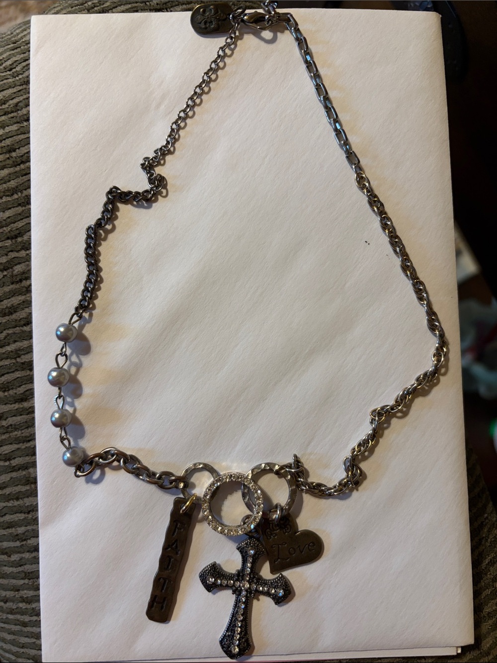 Silver-Tone Cross & Charm Necklace with Pearls Vintage Faith Love cross charms